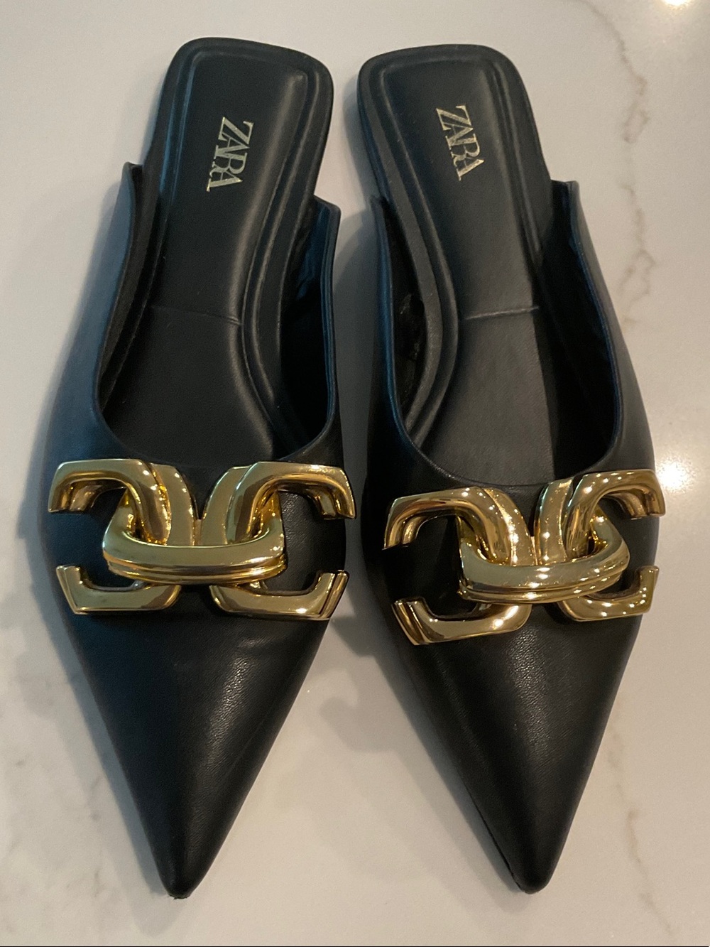 Zara Black Pointed Mules with Gold Chain Detail